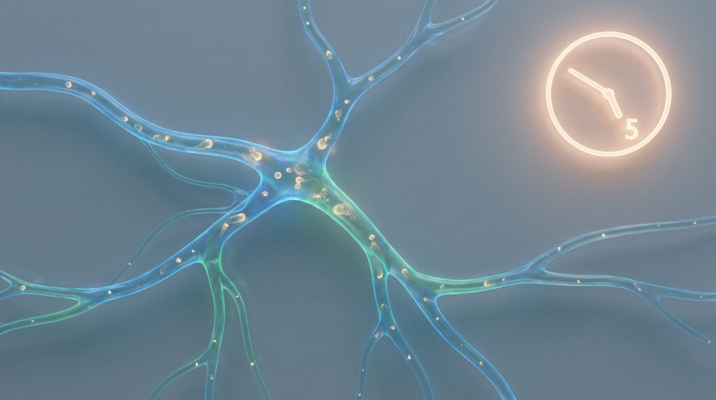 Illustration 3D montrant des molécules de zopiclone circulant dans un réseau biologique avec une horloge indiquant 5 heures.