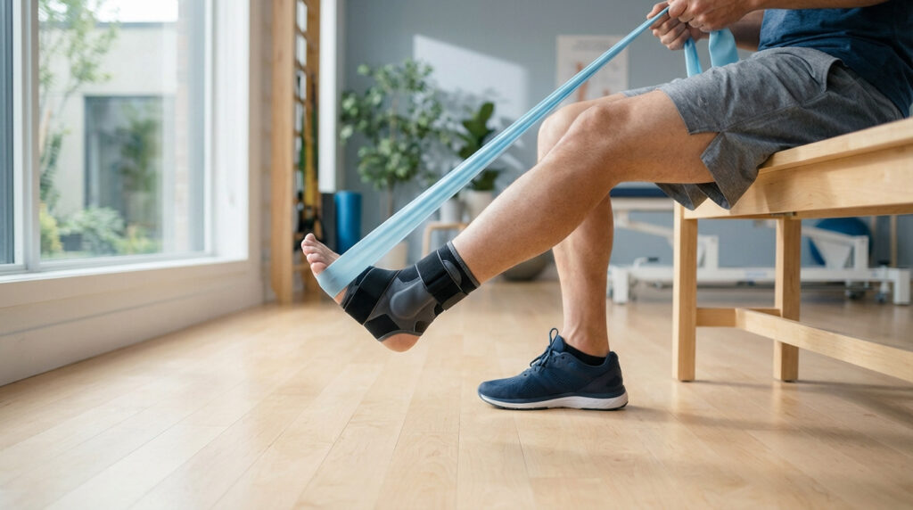 Un homme en short fait des exercices de rééducation de la cheville avec une attelle et une bande élastique dans une salle de kiné.