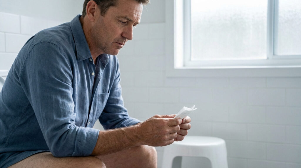 Homme préoccupé assis sur les toilettes, examinant un morceau de papier toilette dans une salle de bain lumineuse.
