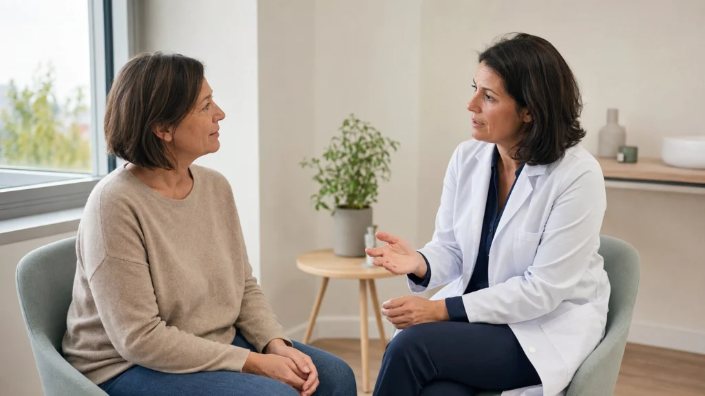 Patiente échangeant avec une oncologue lors d’une consultation de suivi