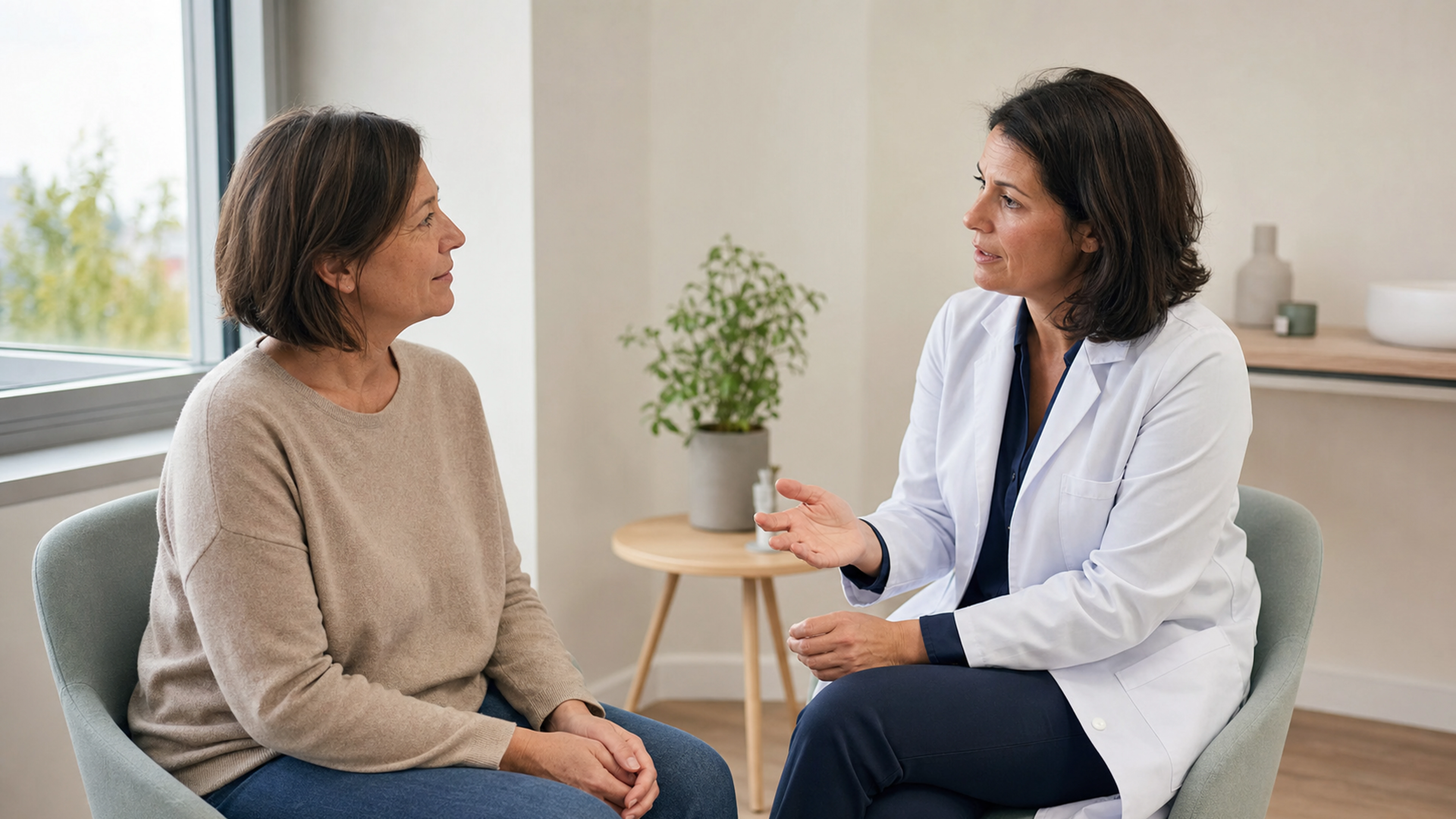 Patiente échangeant avec une oncologue lors d’une consultation de suivi
