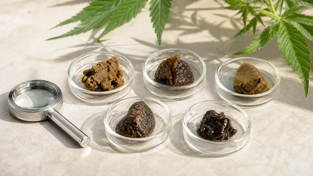 Échantillons de résine de CBD comparés dans des coupelles en verre
