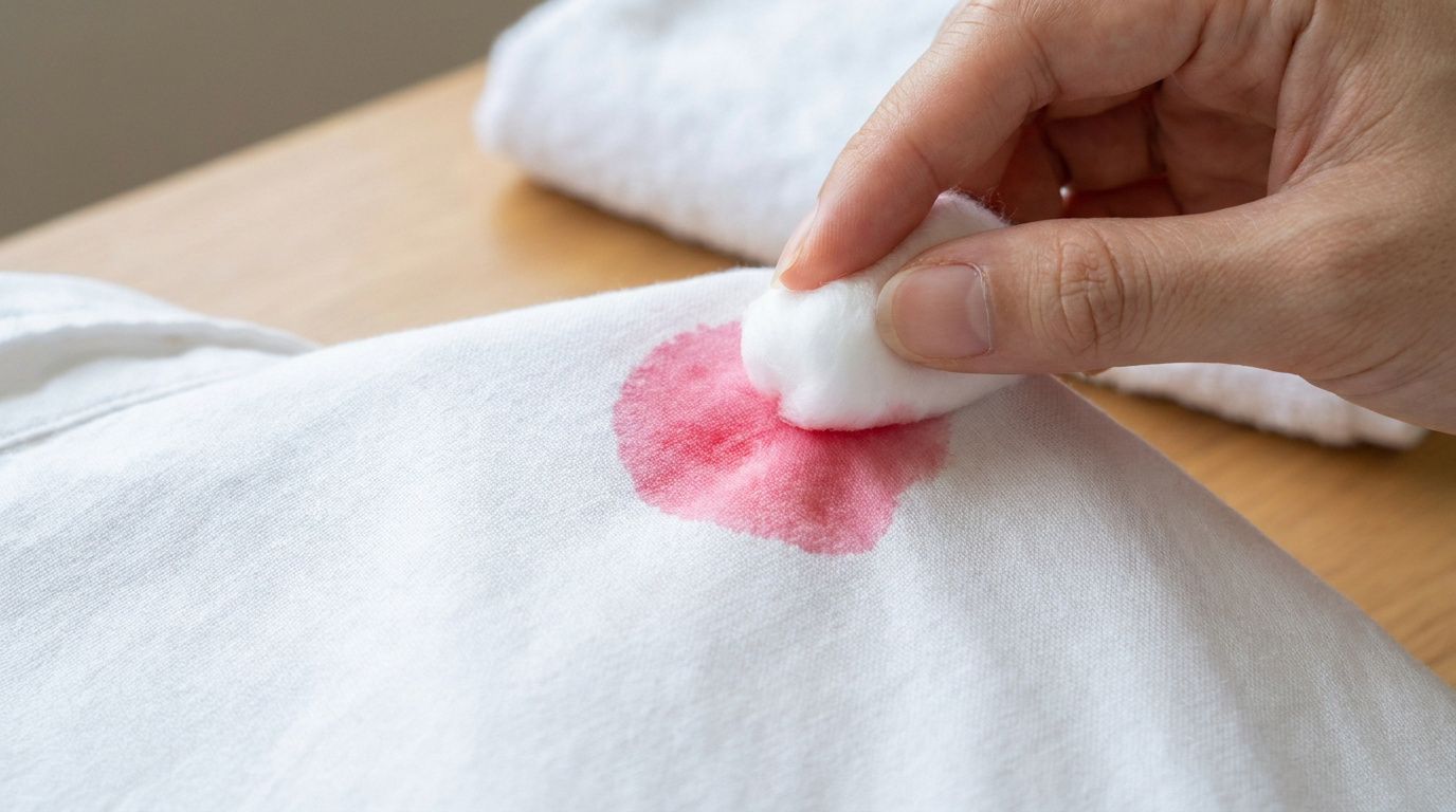Une main utilise un coton pour tamponner une tache rose-rouge sur un tissu blanc posé sur une surface en bois.