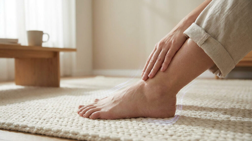 Un pied nu sur un tapis, une main caresse la cheville. Des ondes lumineuses symbolisent une vibration.
