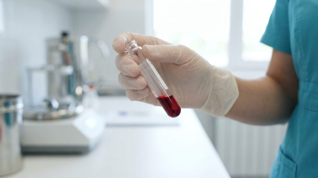 Un professionnel de santé en gants tenant un tube à essai rempli d'un échantillon de sang dans un laboratoire.