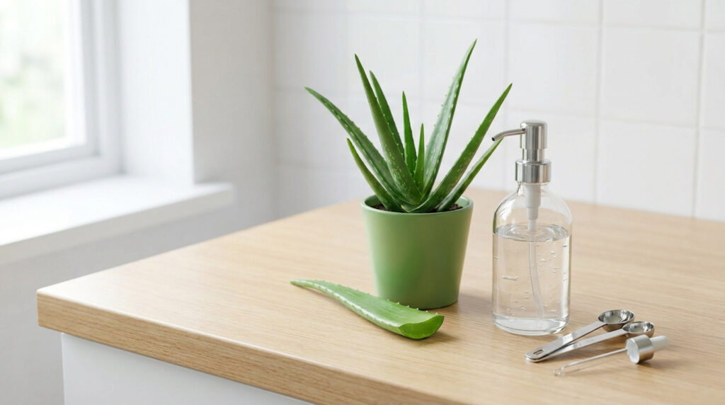Plante et feuille d'aloe vera, bouteille de gel hydroalcoolique et ustensiles de mesure sur un comptoir en bois clair.