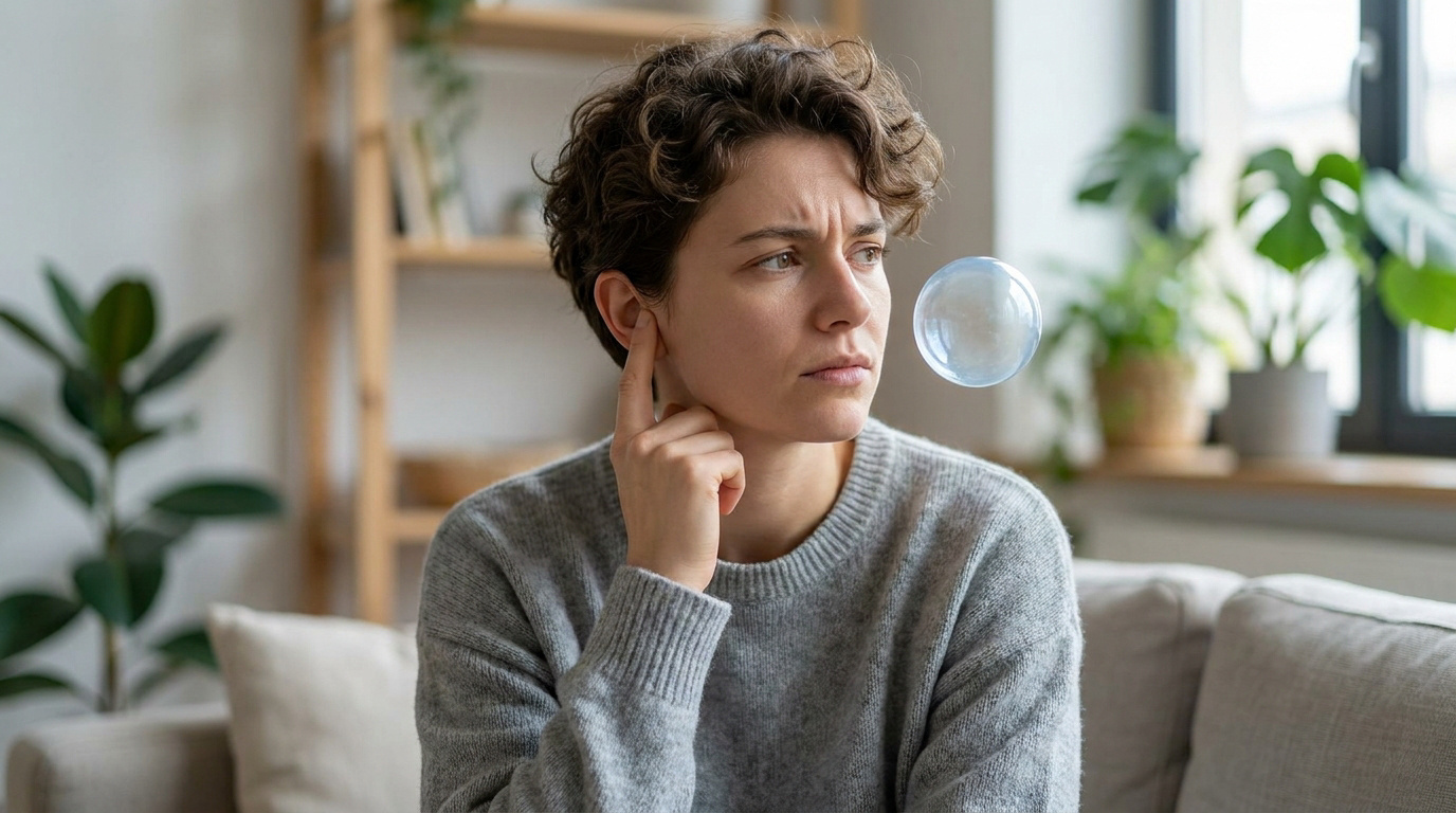 Une femme perplexe touche son oreille, avec une bulle d'air flottant à proximité, évoquant une sensation de gêne auditive.