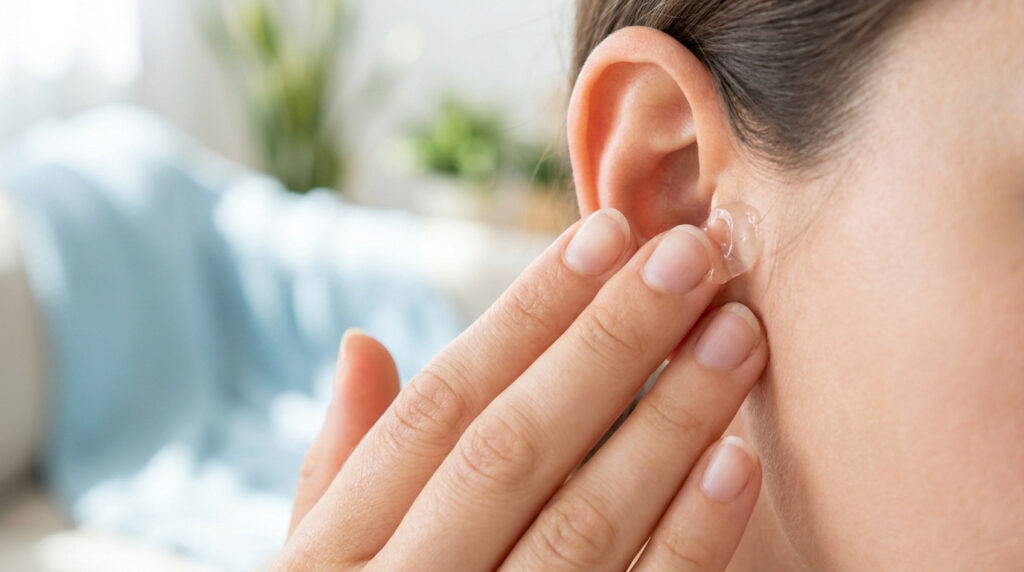 Personne appliquant un gel transparent hydratant sur la peau externe de l'oreille, possiblement pour apaiser ou traiter.