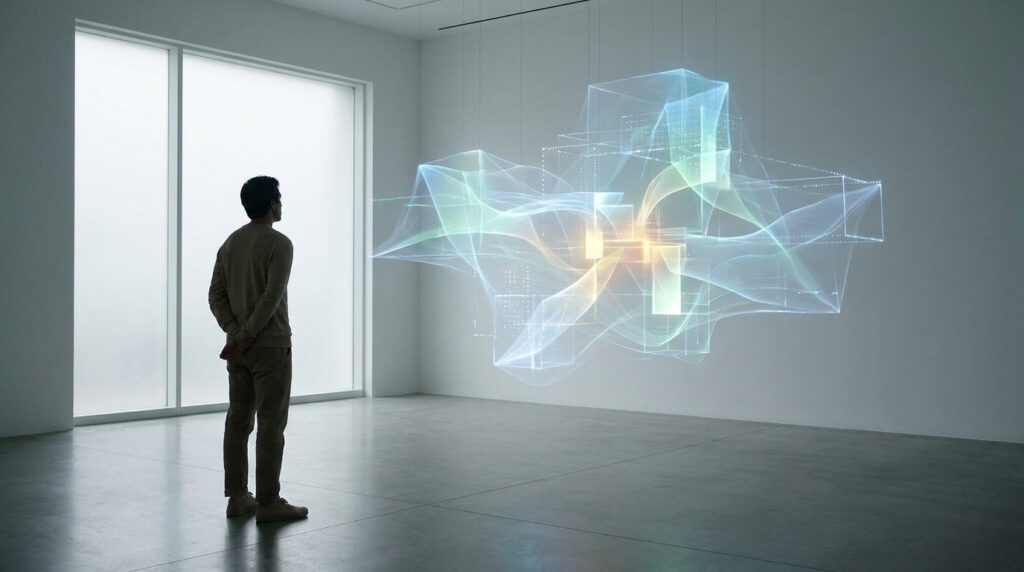 Vue d'un homme de dos observant une sculpture lumineuse et numérique flottant dans l'espace d'une galerie minimaliste.
