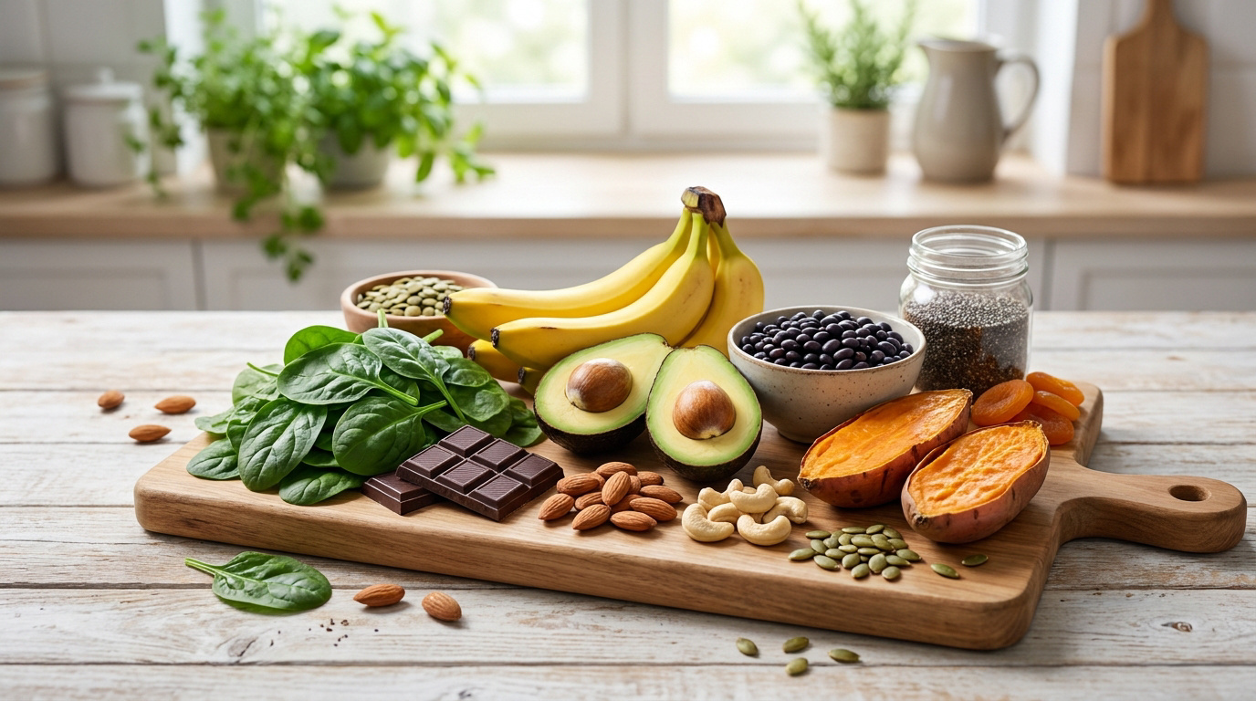 Une planche en bois avec des aliments sains comme des bananes, avocats, épinards, noix et chocolat noir.