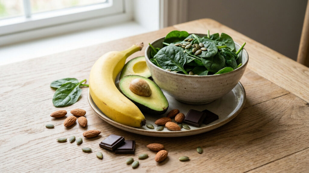 Assiette contenant une banane, un avocat, des épinards, des amandes, des graines de courge et du chocolat noir.