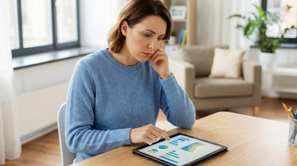 Une femme préoccupée regarde des graphiques médicaux sur une tablette numérique.