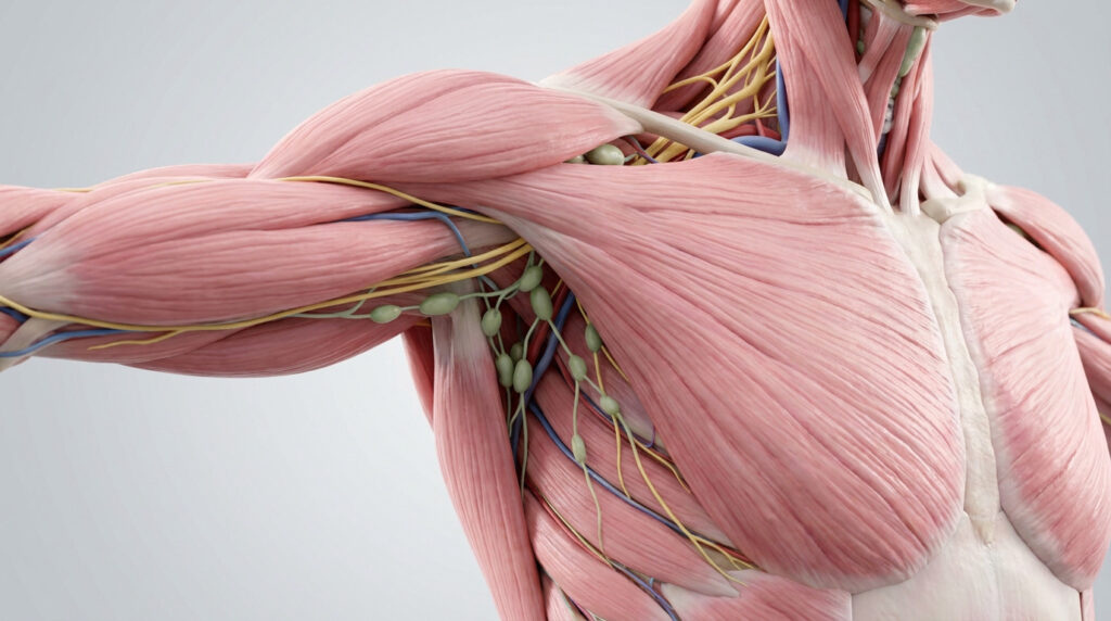 Représentation anatomique des muscles, nerfs et ganglions lymphatiques de l'aisselle humaine.