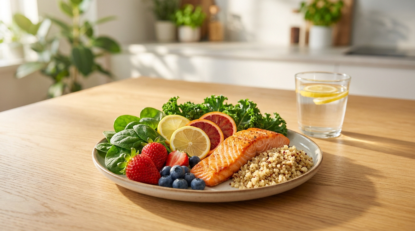 Une assiette saine avec du saumon, du quinoa, des épinards, des baies et du citron sur une table en bois.
