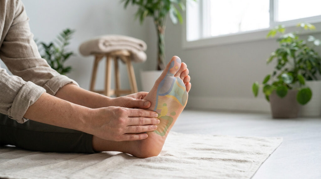 Personne massant son pied avec une superposition graphique des zones de réflexologie plantaire.