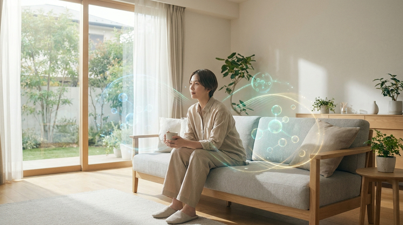 Une femme assise sur un canapé dans un salon lumineux, entourée de représentations graphiques de molécules purificatrices.