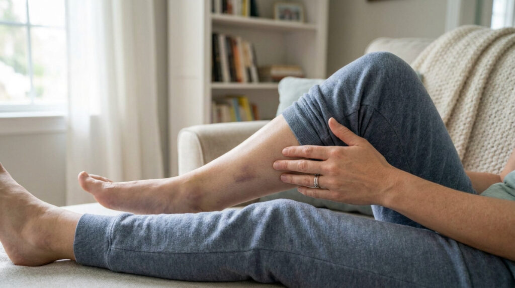 Une personne assise sur un canapé montre une cheville gonflée et marquée par un bleu, signe potentiel d'une blessure.