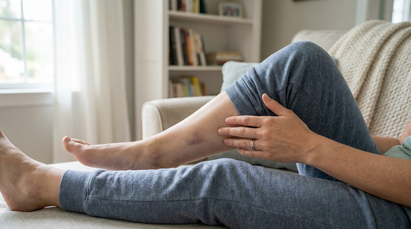 Une personne assise sur un canapé montre une cheville gonflée et marquée par un bleu, signe potentiel d'une blessure.