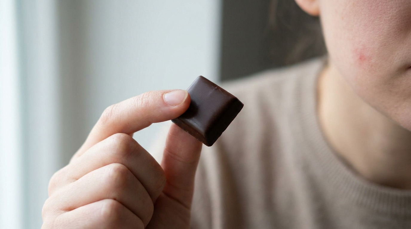 Une personne tenant un carré de chocolat noir, avec une petite rougeur visible sur la joue.