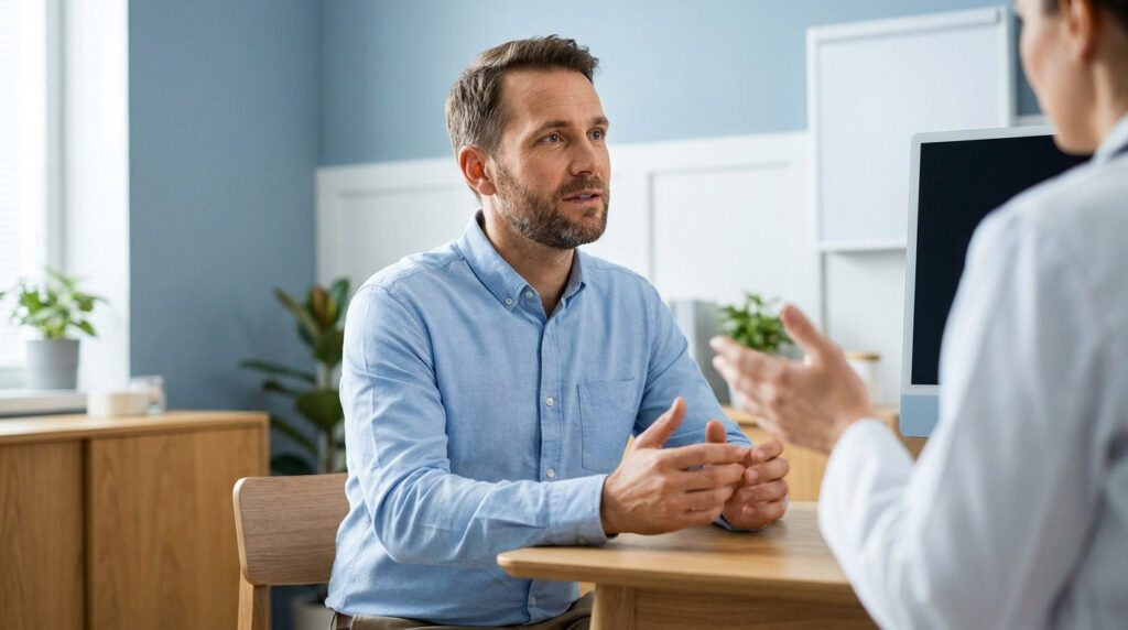 Un homme en chemise bleue discute avec son médecin dans un cabinet médical professionnel.