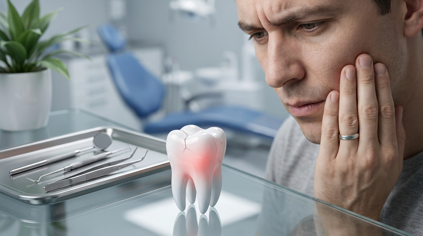 Homme souffrant d'un mal de dents, regardant une molaire fissurée sur un plateau d'instruments dentaires.