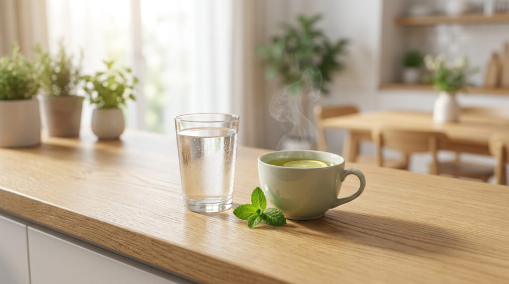 Un verre d'eau et une tasse d'infusion chaude au citron et à la menthe sur un comptoir en bois.