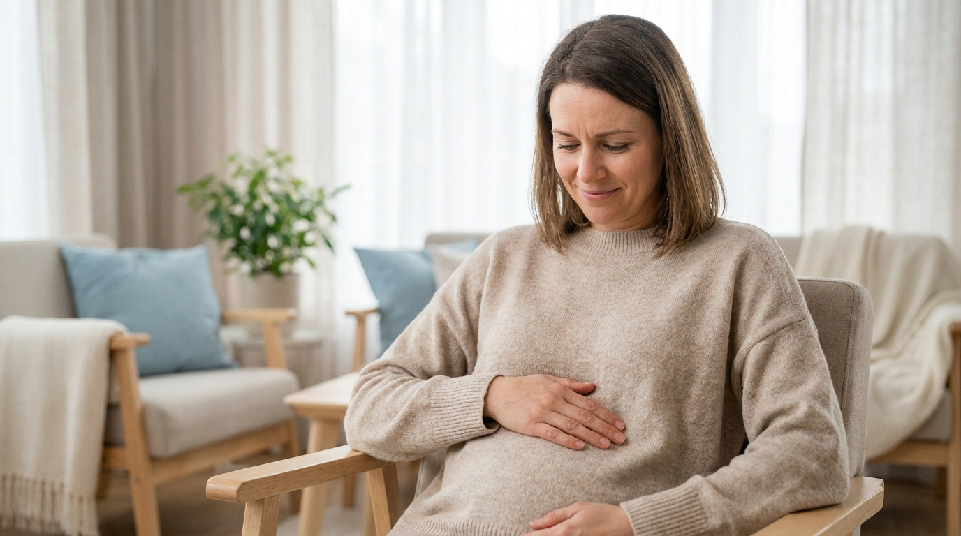 Une femme assise dans un fauteuil tient son ventre avec une expression préoccupée, signe de douleurs abdominales.