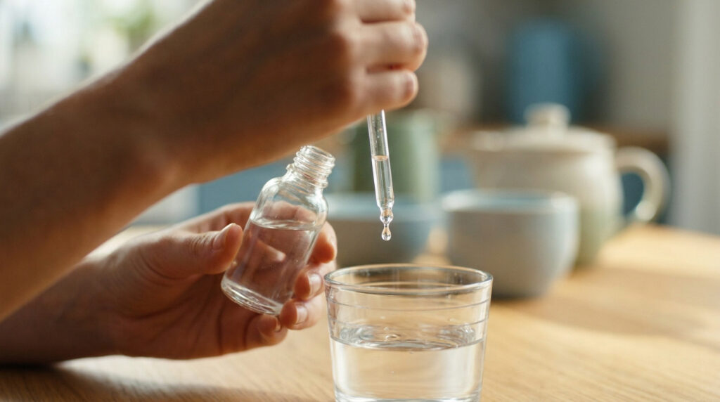 Une main utilise une pipette pour verser des gouttes de médicament dans un verre d'eau posé sur une table en bois.