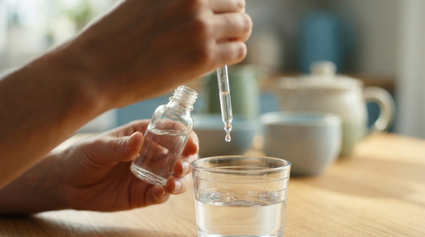 Une main utilise une pipette pour verser des gouttes de médicament dans un verre d'eau posé sur une table en bois.