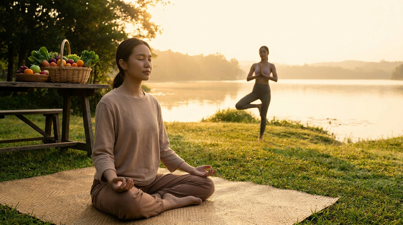 Deux femmes pratiquant la méditation et le yoga en plein air au bord d'un lac au coucher du soleil.