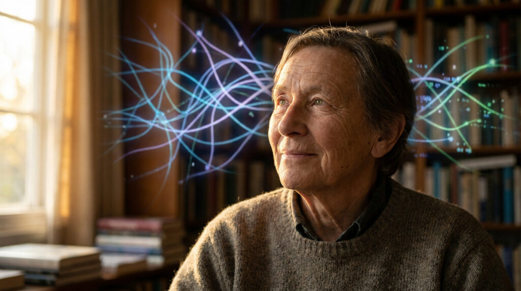 Un homme âgé regarde au loin avec des lignes lumineuses abstraites symbolisant l'activité neuronale autour de sa tête.