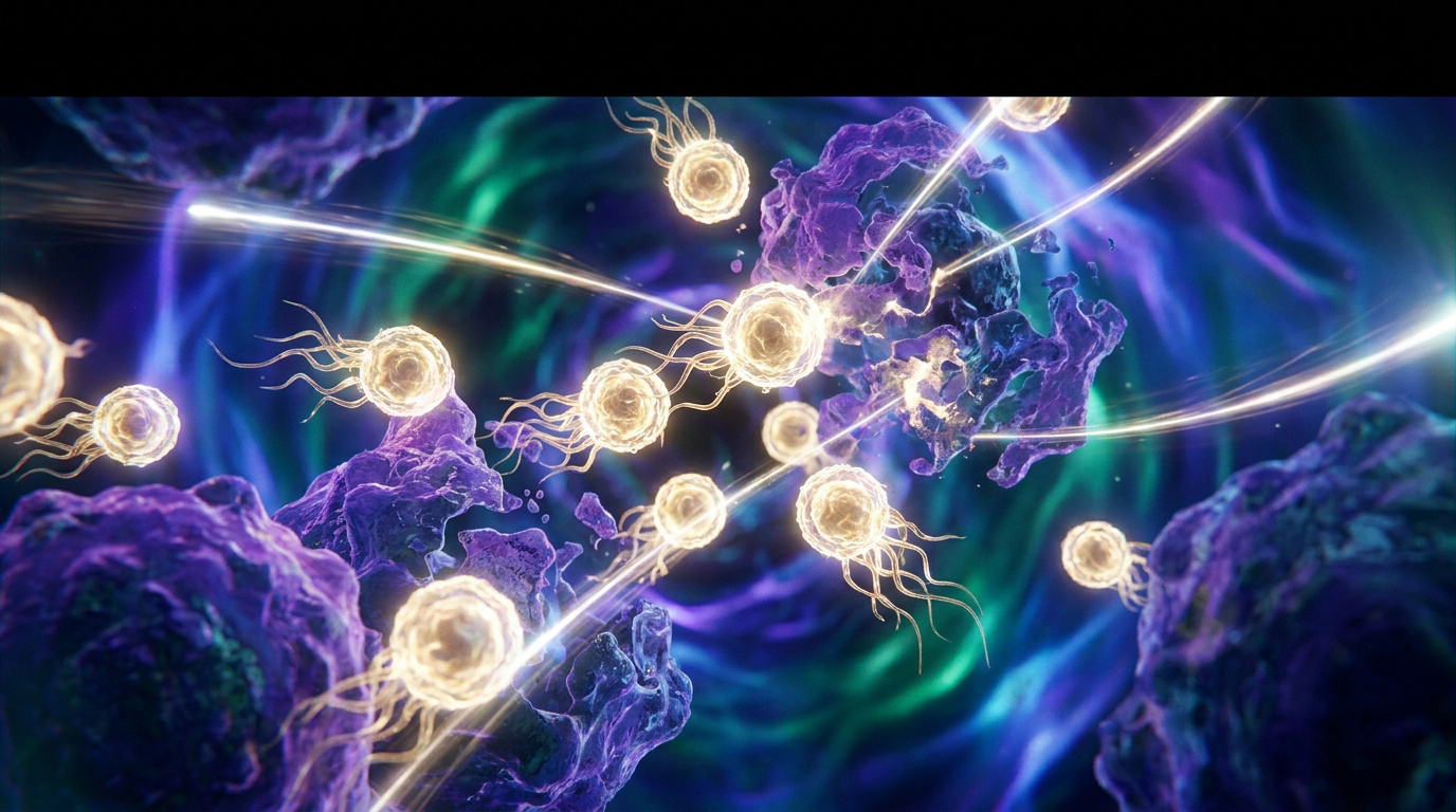 Représentation 3D de cellules immunitaires lumineuses attaquant des cellules cancéreuses violettes dans un espace nébuleux.