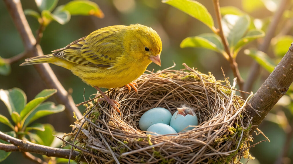 Un canari jaune perché sur un nid contenant trois œufs bleus, dont l'un est en train d'éclore.