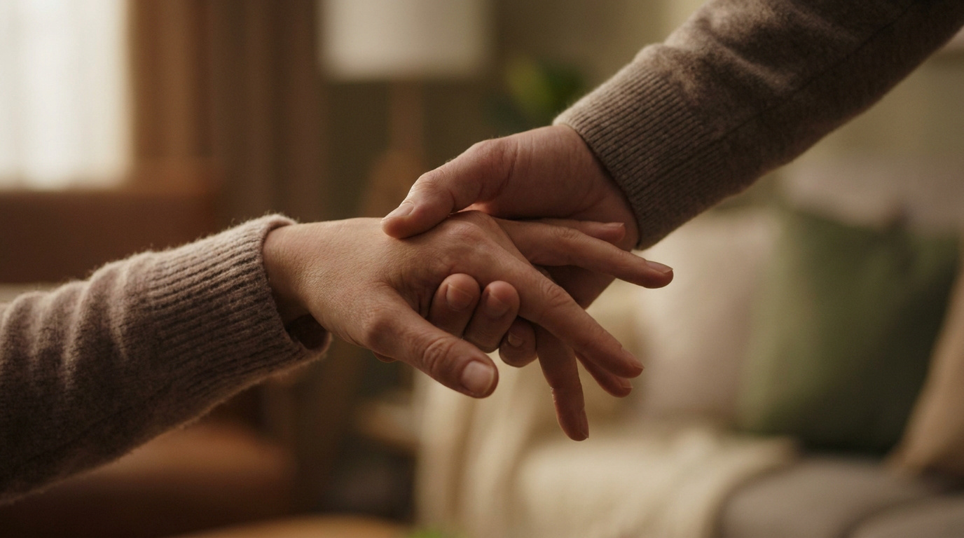 Deux mains se tenant avec douceur dans un intérieur chaleureux et flou, symbolisant le soutien et la confiance.
