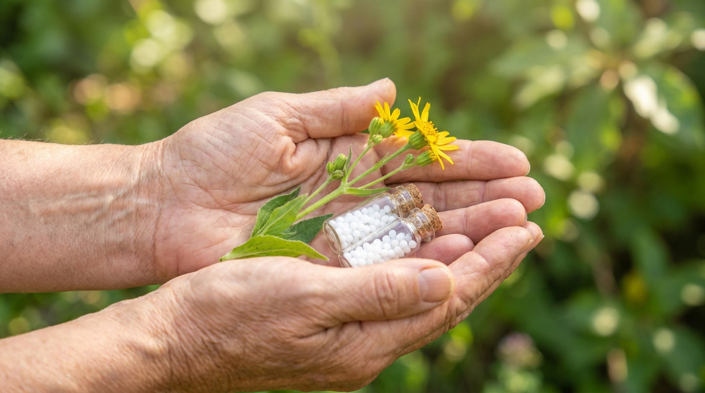 Mains âgées tenant une fleur jaune et deux petits flacons de granules homéopathiques devant un fond végétal flou.