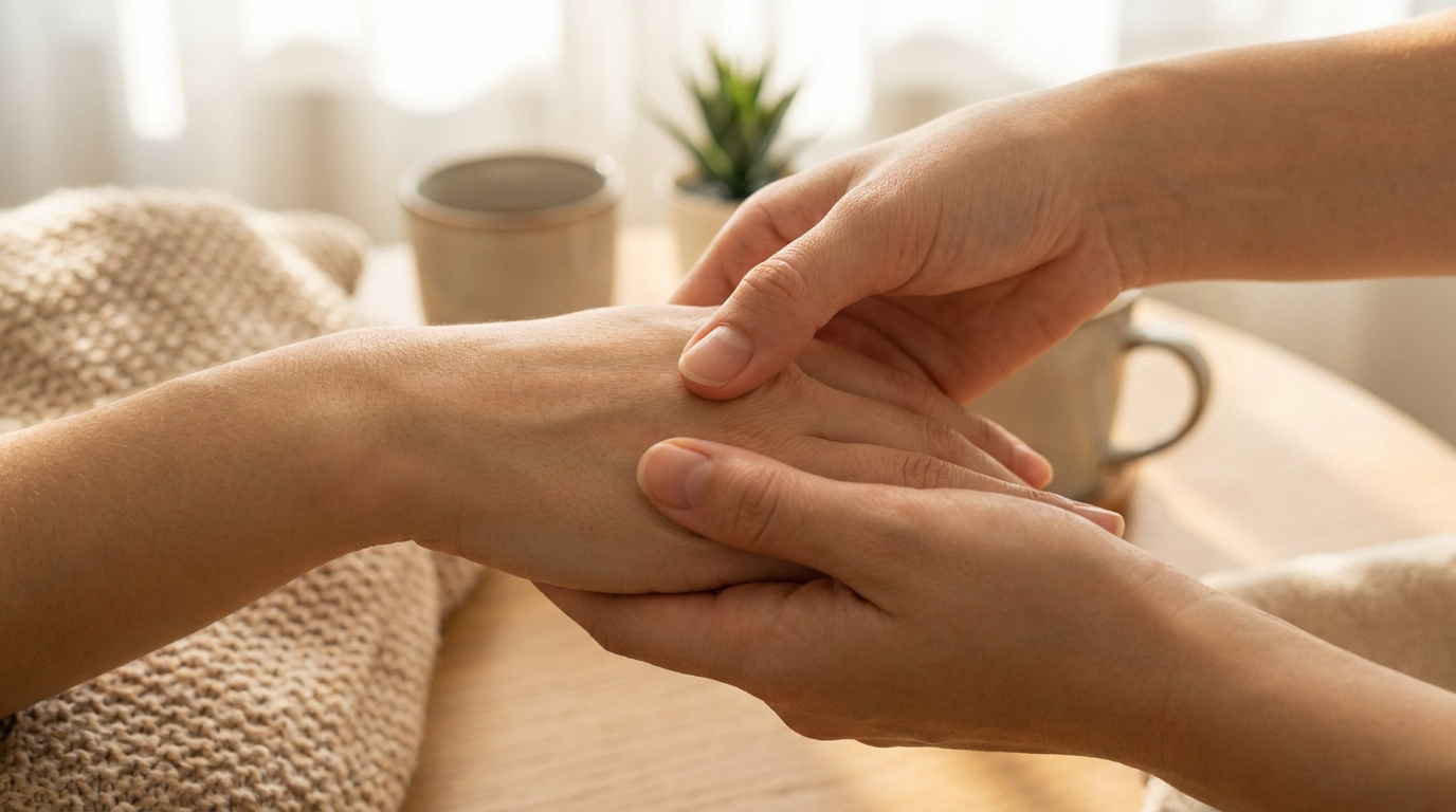Une personne pratique un massage réflexologue sur la main d'une autre personne dans un cadre relaxant.