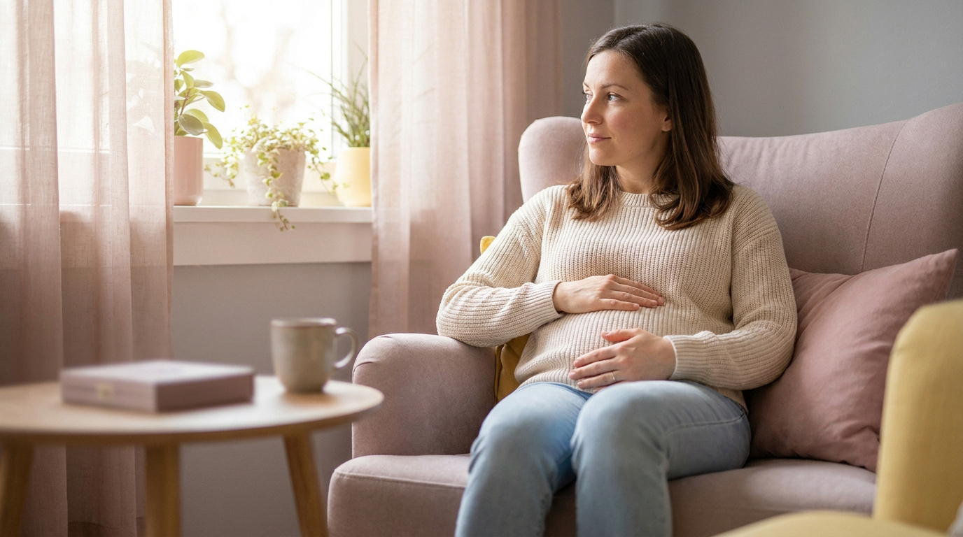 Une femme enceinte assise dans un fauteuil, les mains posées sur son ventre, regardant par la fenêtre.