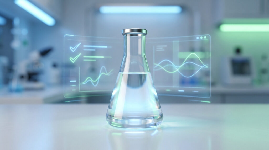 Un flacon de laboratoire avec un liquide transparent, entouré de graphiques de données numériques dans un labo médical.