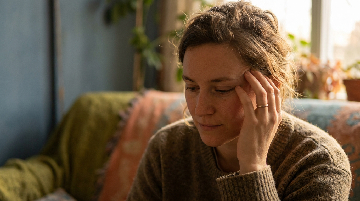 Une femme assise sur un canapé, tenant sa main contre son oreille droite avec une expression pensive et préoccupée.
