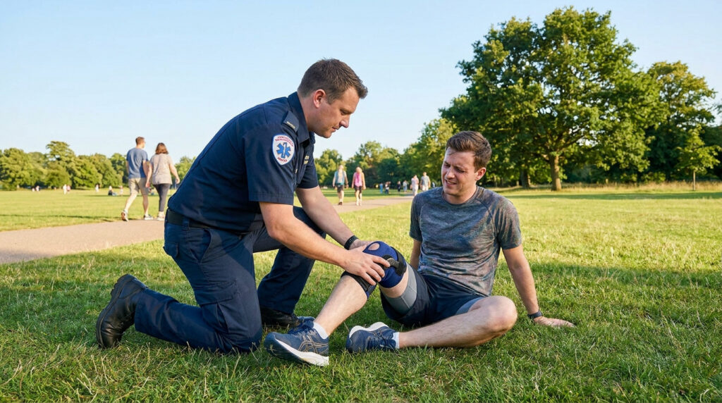 Un secouriste examine le genou blessé d'un sportif assis dans l'herbe en plein parc.