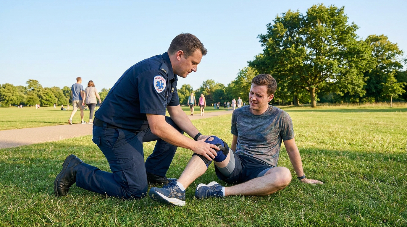 Un secouriste examine le genou blessé d'un sportif assis dans l'herbe en plein parc.