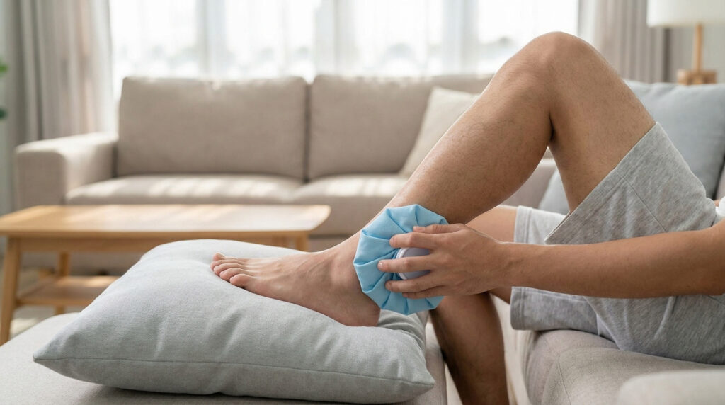 Une personne assise sur un canapé applique une poche de glace sur sa cheville enflée posée sur un coussin.