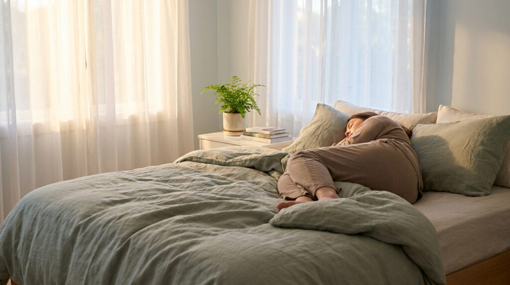 Une personne dort paisiblement dans un lit douillet sous une lumière douce du matin.