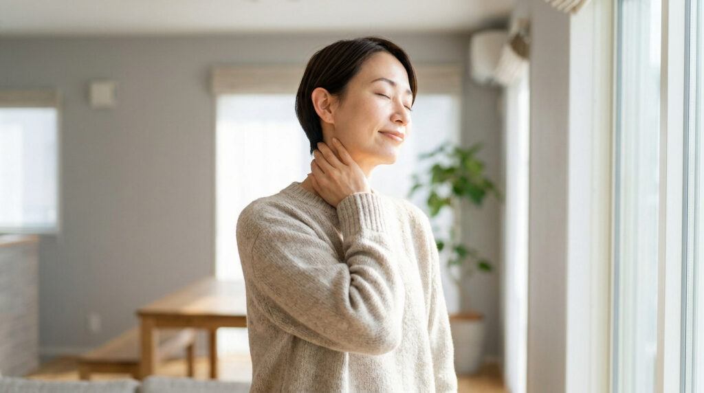 Une femme masse son cou pour soulager une douleur cervicale à la maison.