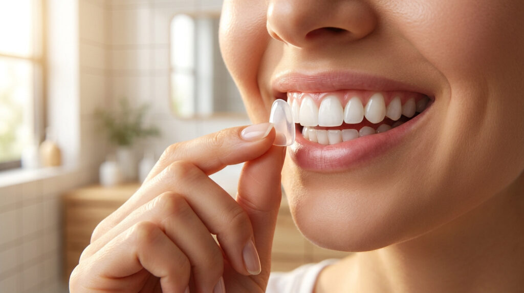 Une femme souriante tenant une facette dentaire amovible transparente devant ses dents blanches dans une salle de bain.
