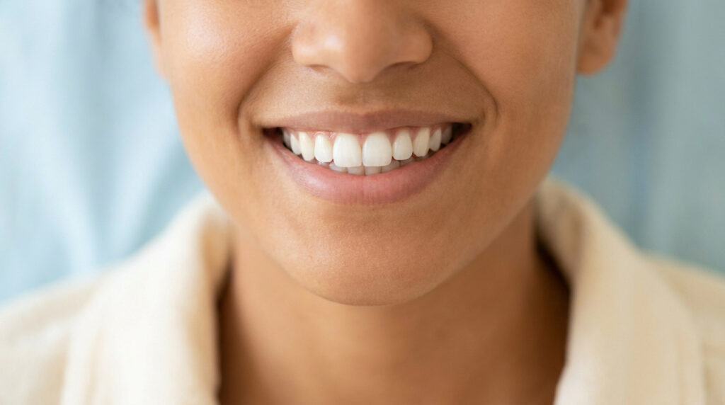Gros plan sur un sourire radieux montrant des dents blanches et saines.