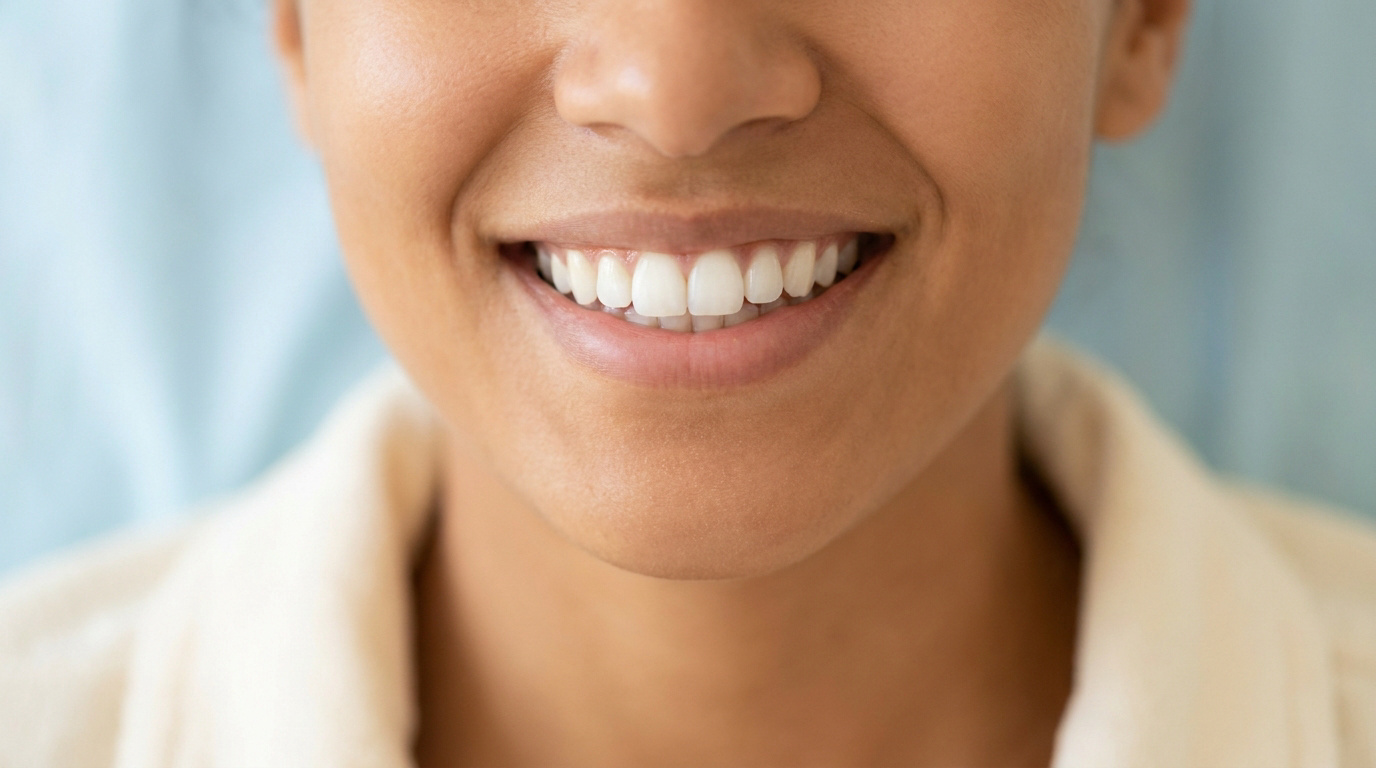 Gros plan sur un sourire radieux montrant des dents blanches et saines.