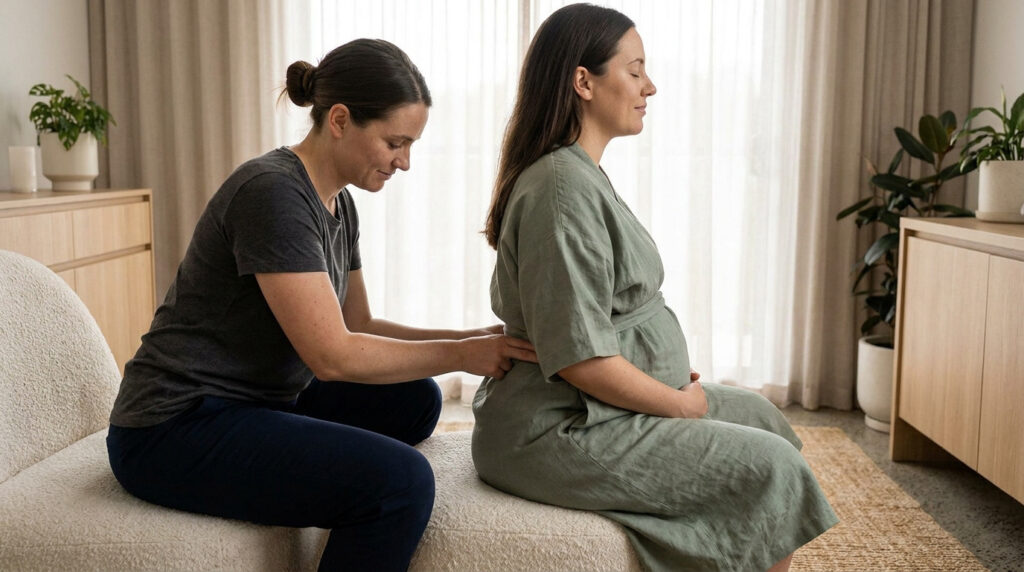 Une sage-femme masse le bas du dos d'une femme enceinte assise pour soulager la douleur.