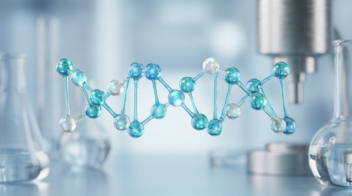 Modèle moléculaire en 3D ressemblant à une chaîne d'ADN flottant dans un laboratoire scientifique.