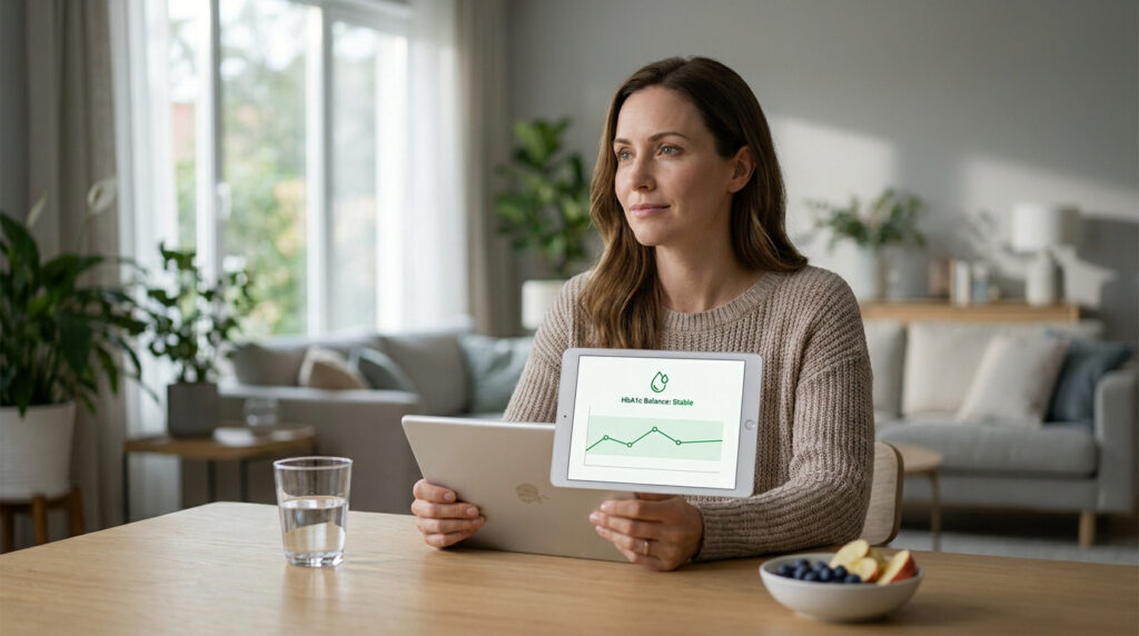 Une femme assise chez elle tenant une tablette affichant un graphique de stabilité glycémique HbA1c.